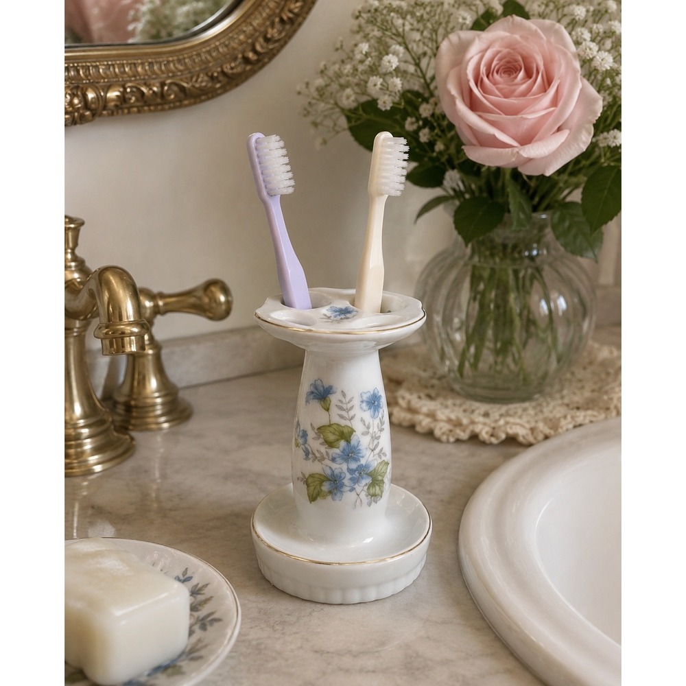 Vintage Floral Porcelain Pedestal Toothbrush Holder Made in Japan Vanity